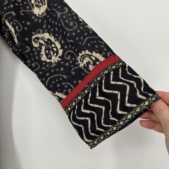 J Peterman Boho Tunic Top Black Gold Sequins Paisley Print 3/4 Sleeves Size S - Picture 5 of 12